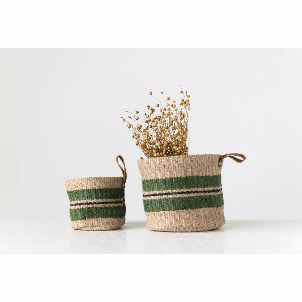 3R Studios Handwoven Jute Decorative Baskets with Green Stripes, Set of 2
