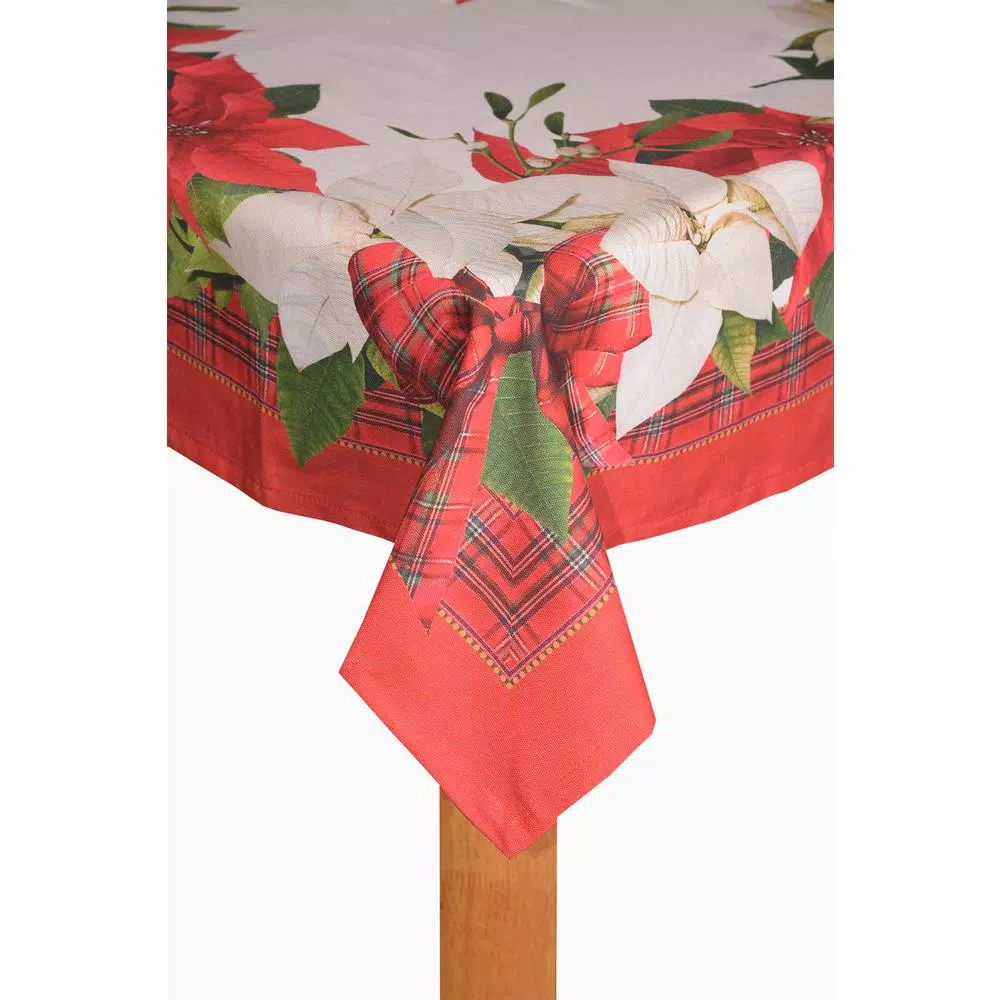 Lintex Poinsettia Tartan Christmas Tablecloth, Red and White Plaid, 60 x 102 in.