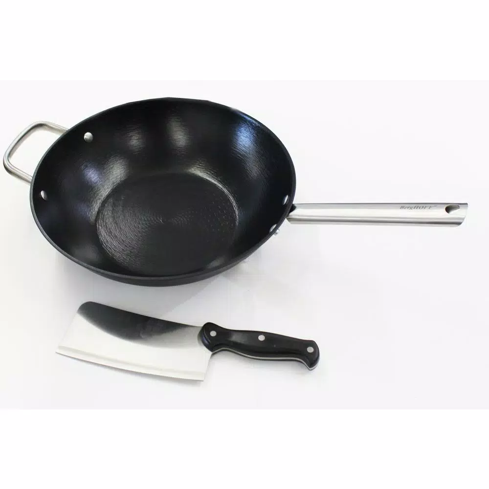 BergHOFF Geminis 12.5 in. Spun Cast Iron Wok and 7 in. Cleaver Set with Non-Stick Ceramic Coating