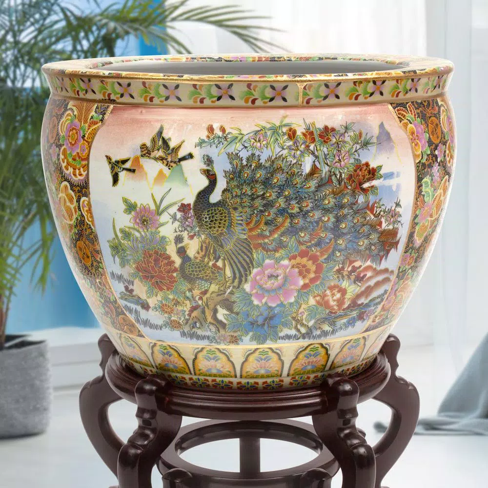 Unbranded Oriental Furniture 12 in. Famille Rose Porcelain Fishbowl with Hand-Painted Satsuma Design