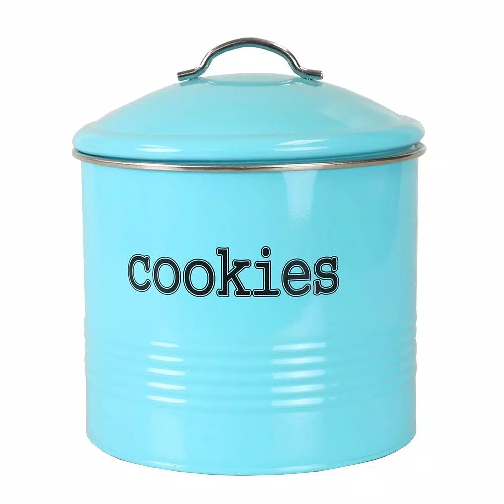 Home Basics Vintage Style Blue Tin Cookie Jar - 14.2 oz Metal Food Storage Container