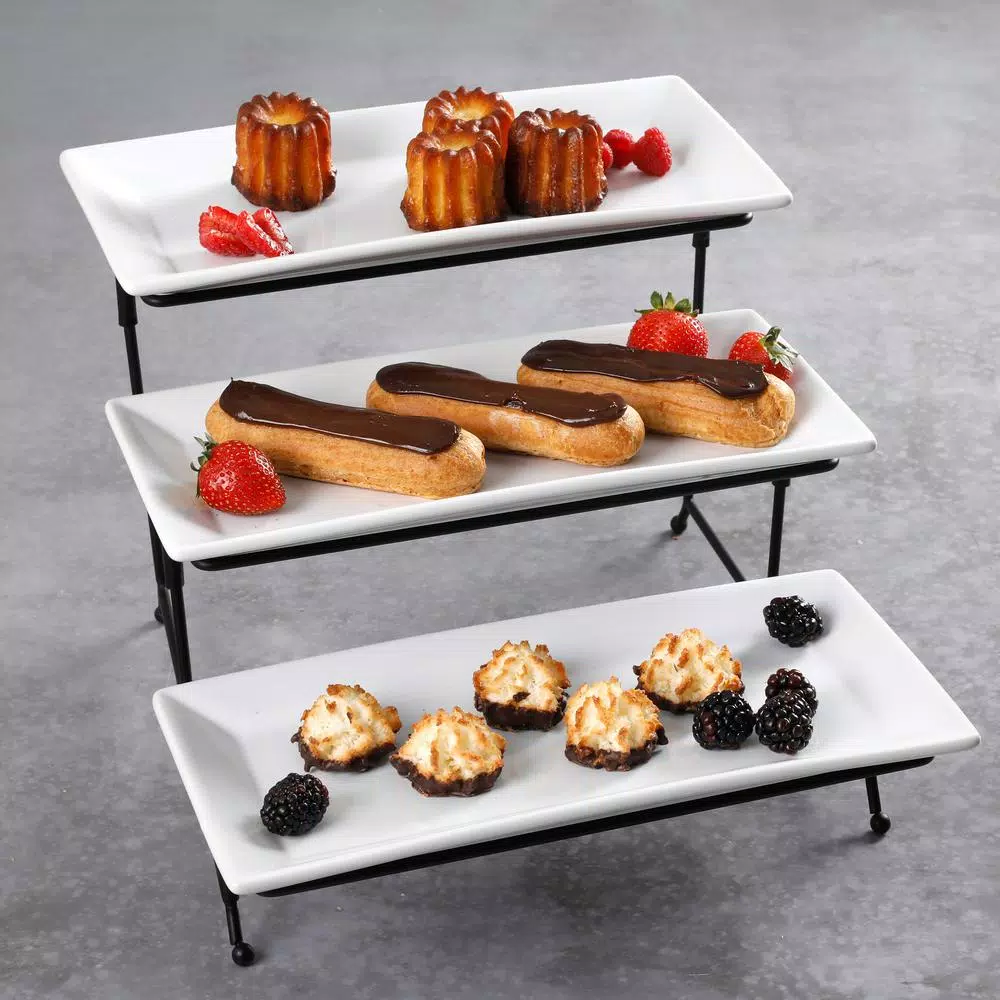 GIBSON elite Gracious Dining 4-Piece White 3-Tier Ceramic Cake Stand with Metal Rack