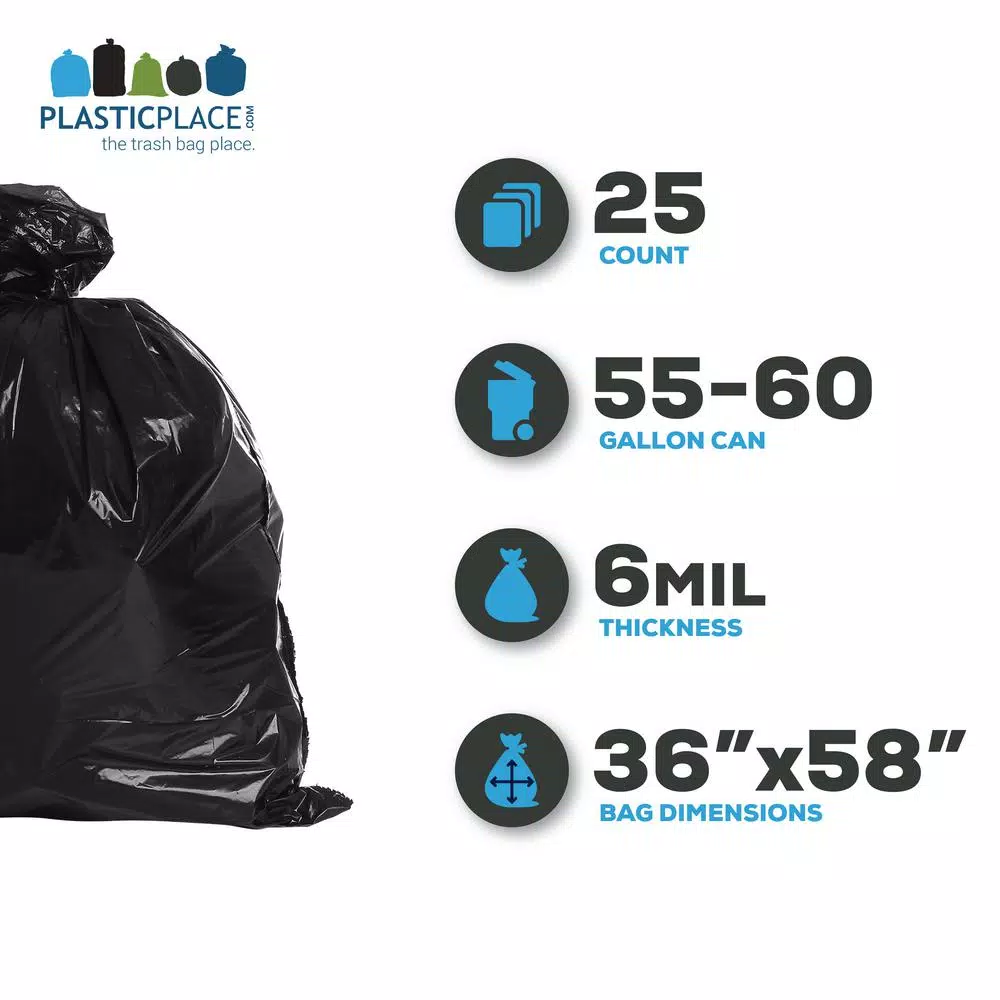 Plasticplace 6.0 Mil Black Contractor Trash Bags, 55-60 Gallon, 36 in. x 58 in., Gusset Seal, 20-Case Pack