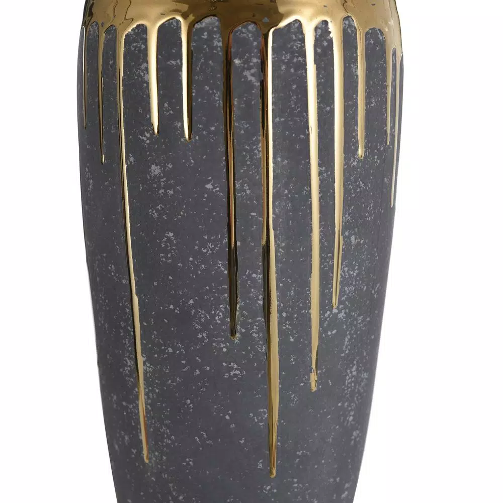 StyleCraft Marloe Charcoal and Gold Ceramic Table Vase, Contemporary Urn Shape