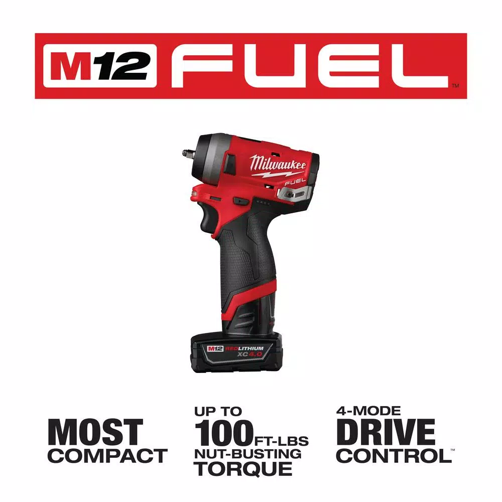 Milwaukee M12 FUEL 1/4 in. Stubby Brushless Cordless Impact Wrench Kit with Two Batteries and Charger