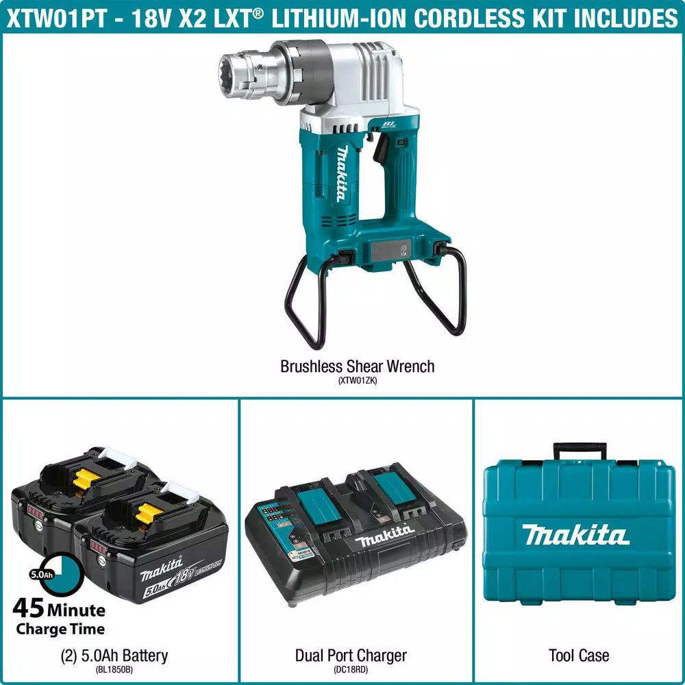 Makita 18V X2 LXT Brushless Cordless Shear Wrench Kit with 5.0 Ah Batteries and Dual Port Rapid Charger