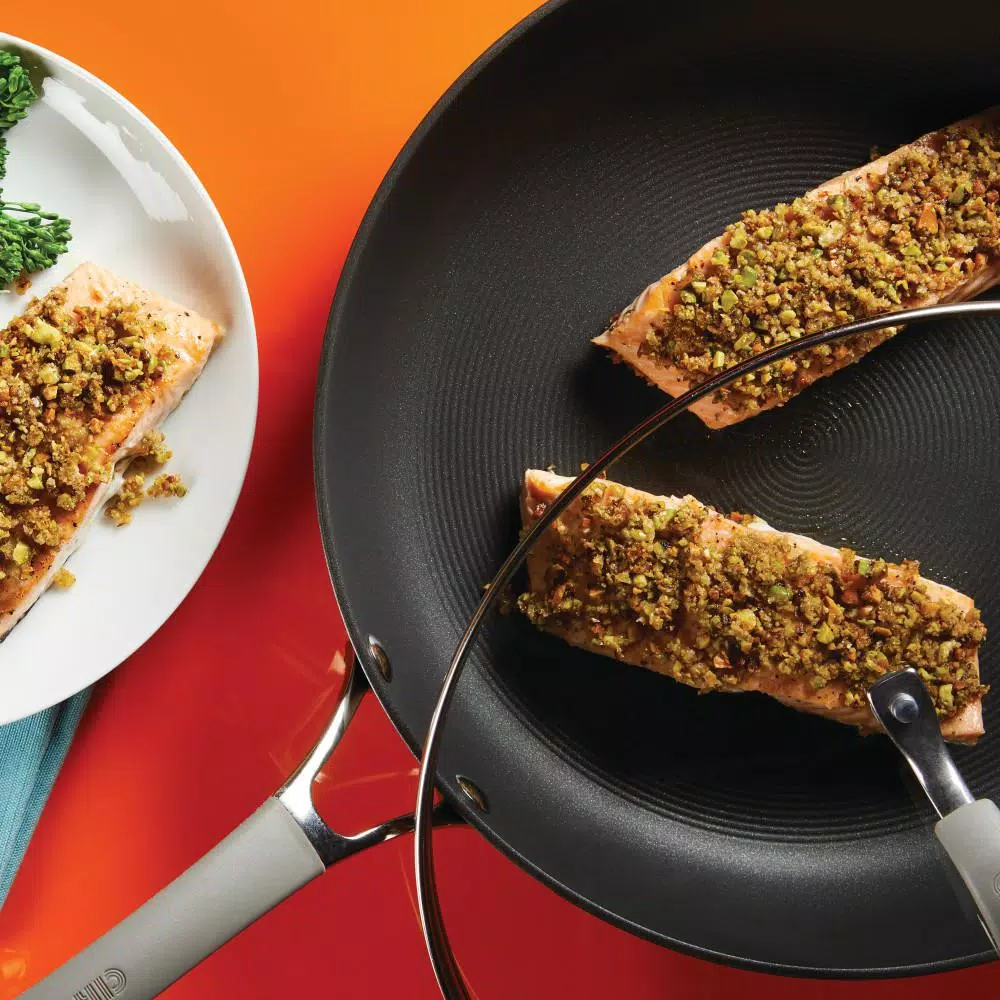 Circulon Elementum 12 in. Hard-Anodized Aluminum Nonstick Skillet with Glass Lid, Oyster Gray