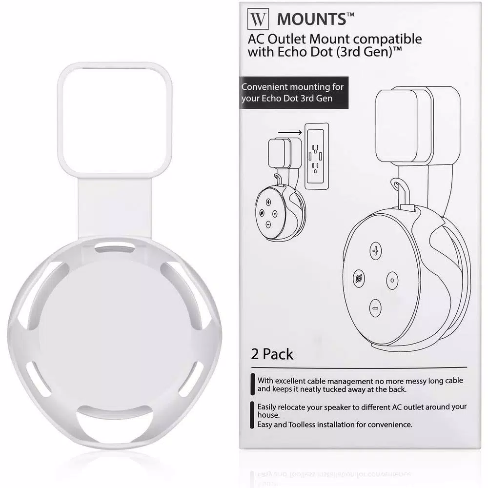 Wasserstein AC Outlet Wall Mount for Echo Dot (3rd Gen) - Flexible Smart Speaker Holder (2-Pack, White)