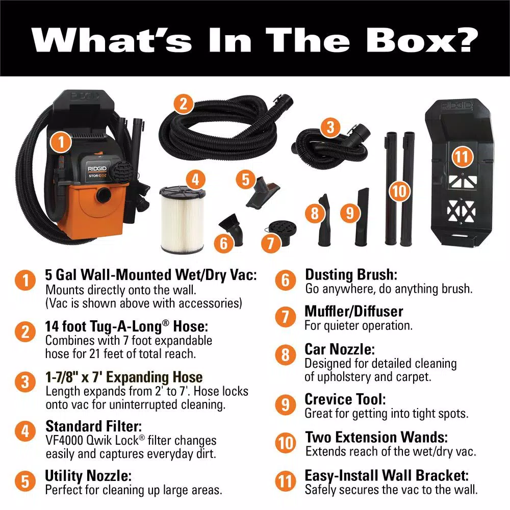 RIDGID 5 Gal. 5.0 Peak HP Portable Wall-Mountable Wet/Dry Shop Vacuum