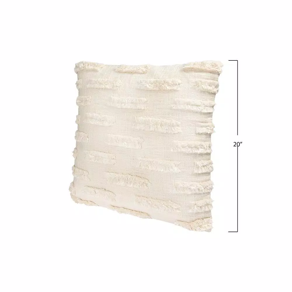 3R Studios White Embroidered Cotton Throw Pillow with Fringed Edges, 20 in. x 20 in.