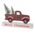 Glitzhome Merry Christmas Red Truck Wooden Table Decor with Christmas Trees thumbnail 2