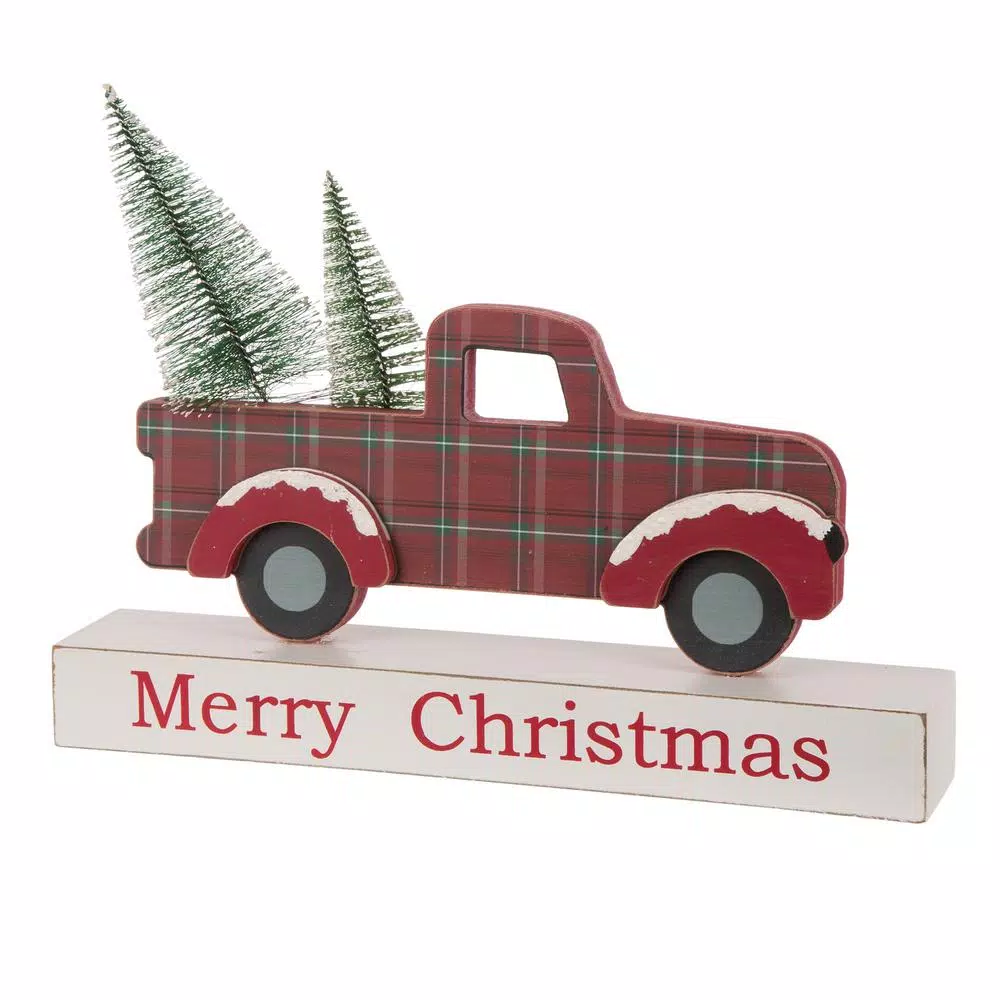 Glitzhome Merry Christmas Red Truck Wooden Table Decor with Christmas Trees