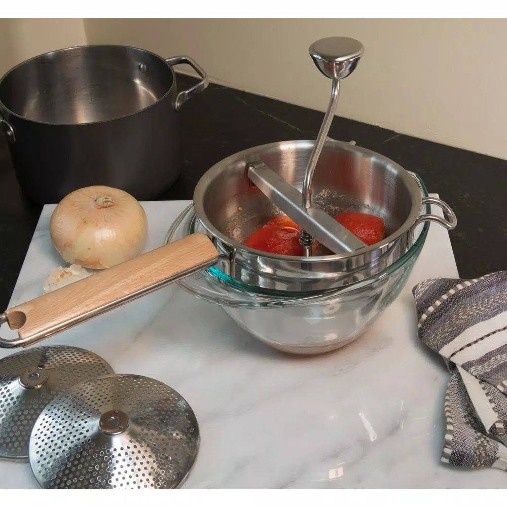 RSVP International Endurance Stainless Steel Food Mill with 3 Interchangeable Disks and Beech Wood Handle
