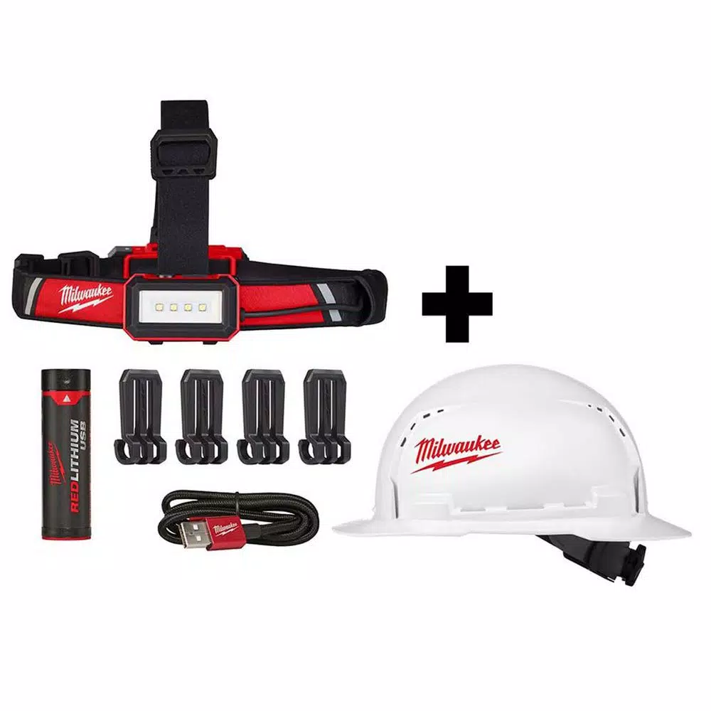 Milwaukee 600 Lumen USB Rechargeable Low-Profile Headlamp with BOLT White Full Brim Vented Hard Hat
