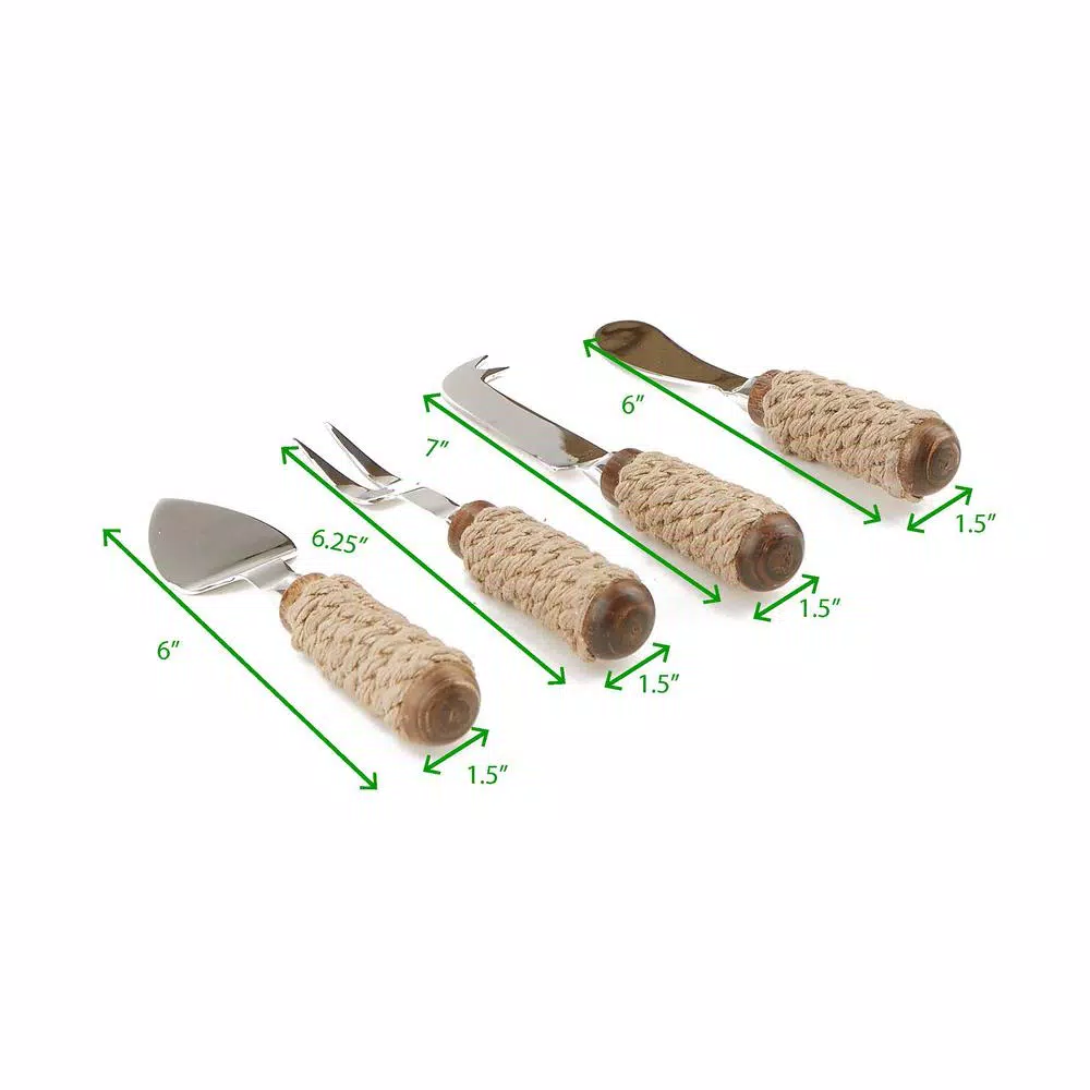 Mind Reader 4-Piece Stainless Steel Cheese Knife Set with Decorative Rope Wrapped Wood Handles
