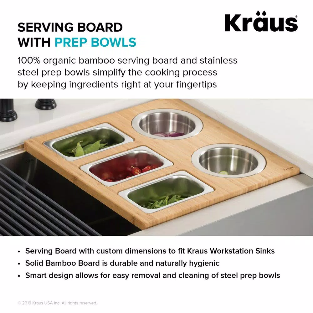 Kraus Workstation Kitchen Sink Accessory Set - Bamboo Serving Board & 5 Stainless Steel Prep Bowls