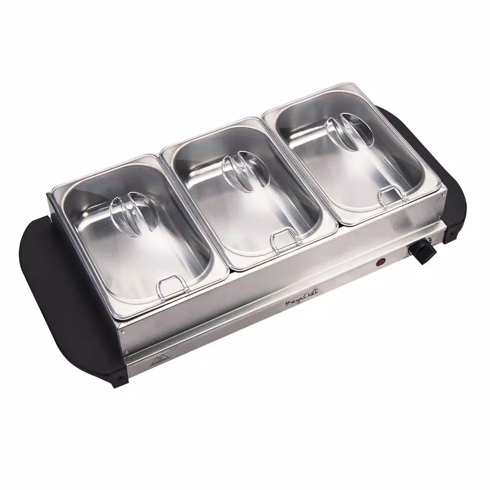 MegaChef 1.5L Stainless Steel Electric Buffet Server and Warming Tray with 3 Removable Crocks