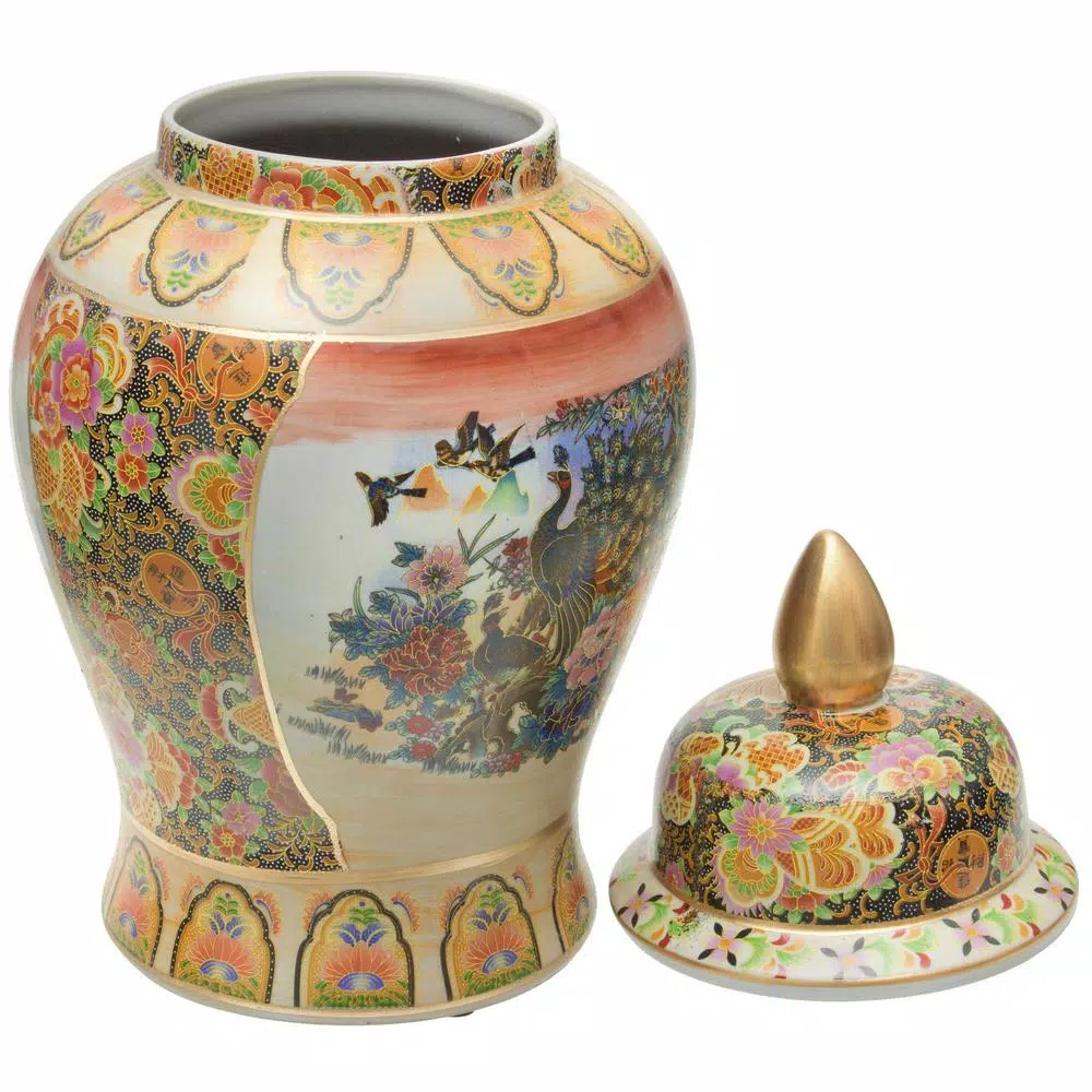 Unbranded Oriental Furniture 18 in. Rose Medallion Satsuma Peacock Porcelain Temple Jar