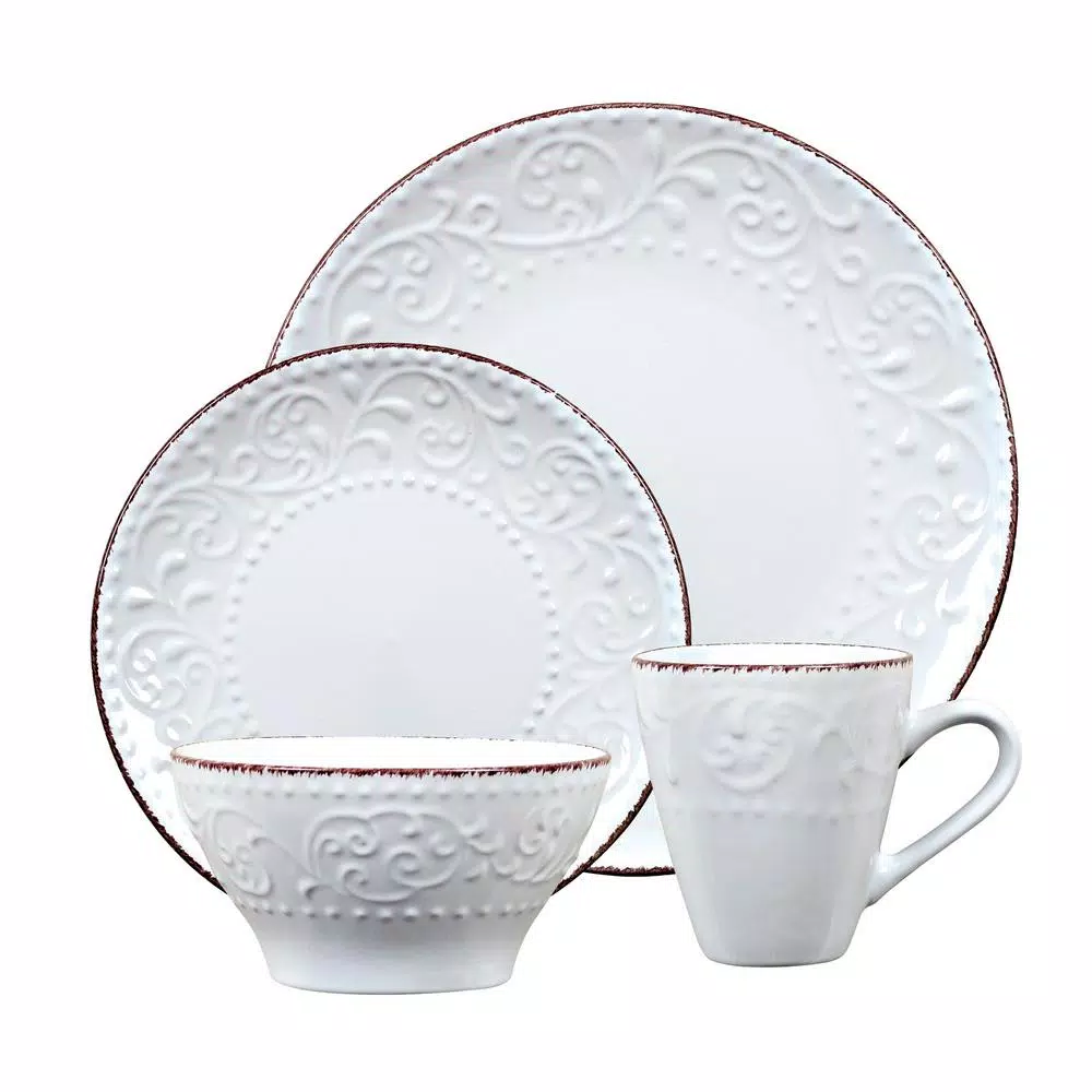 Lorren Home Trends Lorren Home 16-Piece White Stoneware Scroll Dinnerware Set, Service for 4