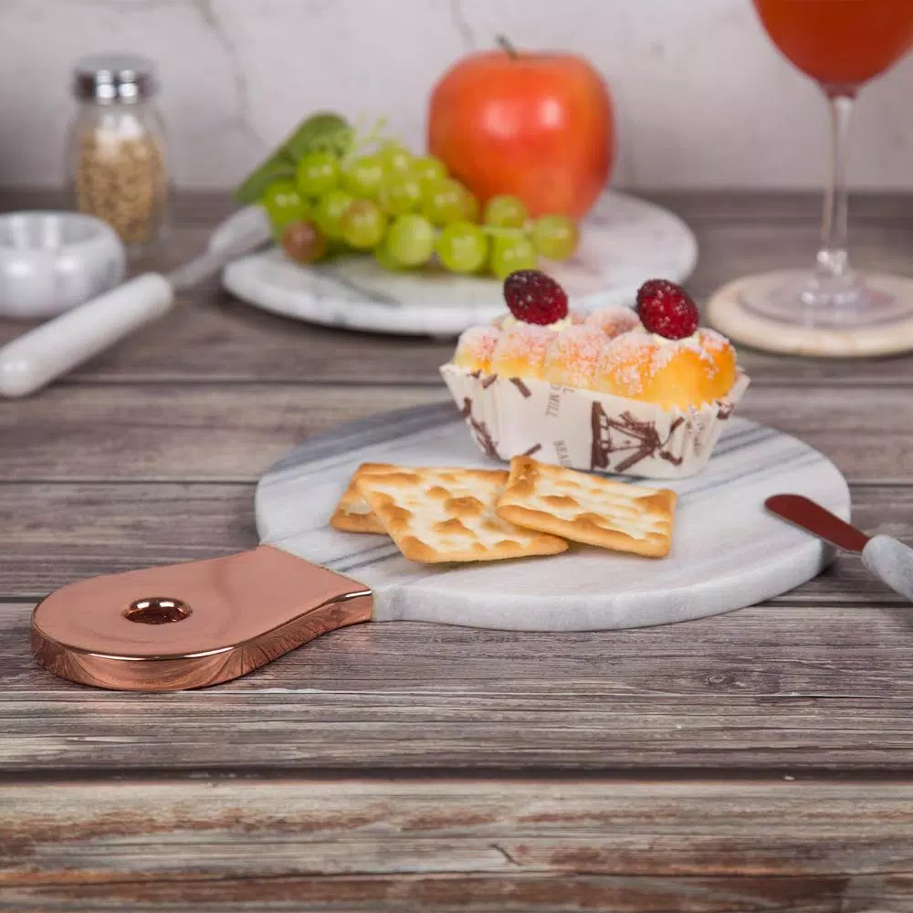 Creative Home Natural White Marble Cheese Serving Board with Stainless Steel Copper Trim Handle, 12.2 x 8 in.