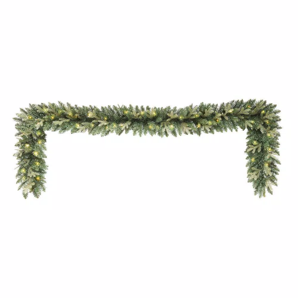 Home Accents Holiday Home Holiday Accents 9 ft. Mayfield Pre-lit LED Artificial Balsam Fir Garland with 50 Warm White Micro Dot Lights