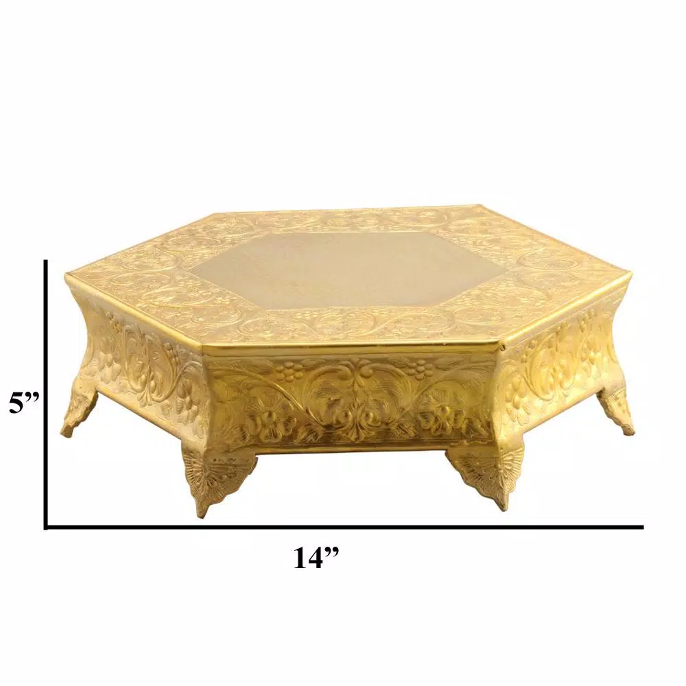 Benzara 14 in. Gold Hexagonal Metal Wedding Cake Stand with Hammered Center