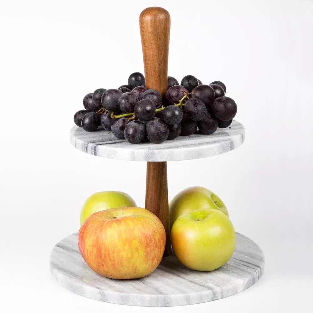 Creative Home 2-Tier Natural Marble and Acacia Wood Cake Dessert Stand, Round Pastry & Fruit Server