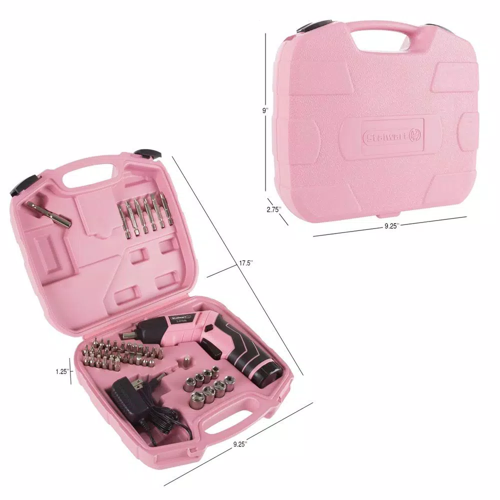 Stalwart 45-Piece Cordless Pivoting Screwdriver Set with 3.6V Lithium Battery and Carrying Case - Pink