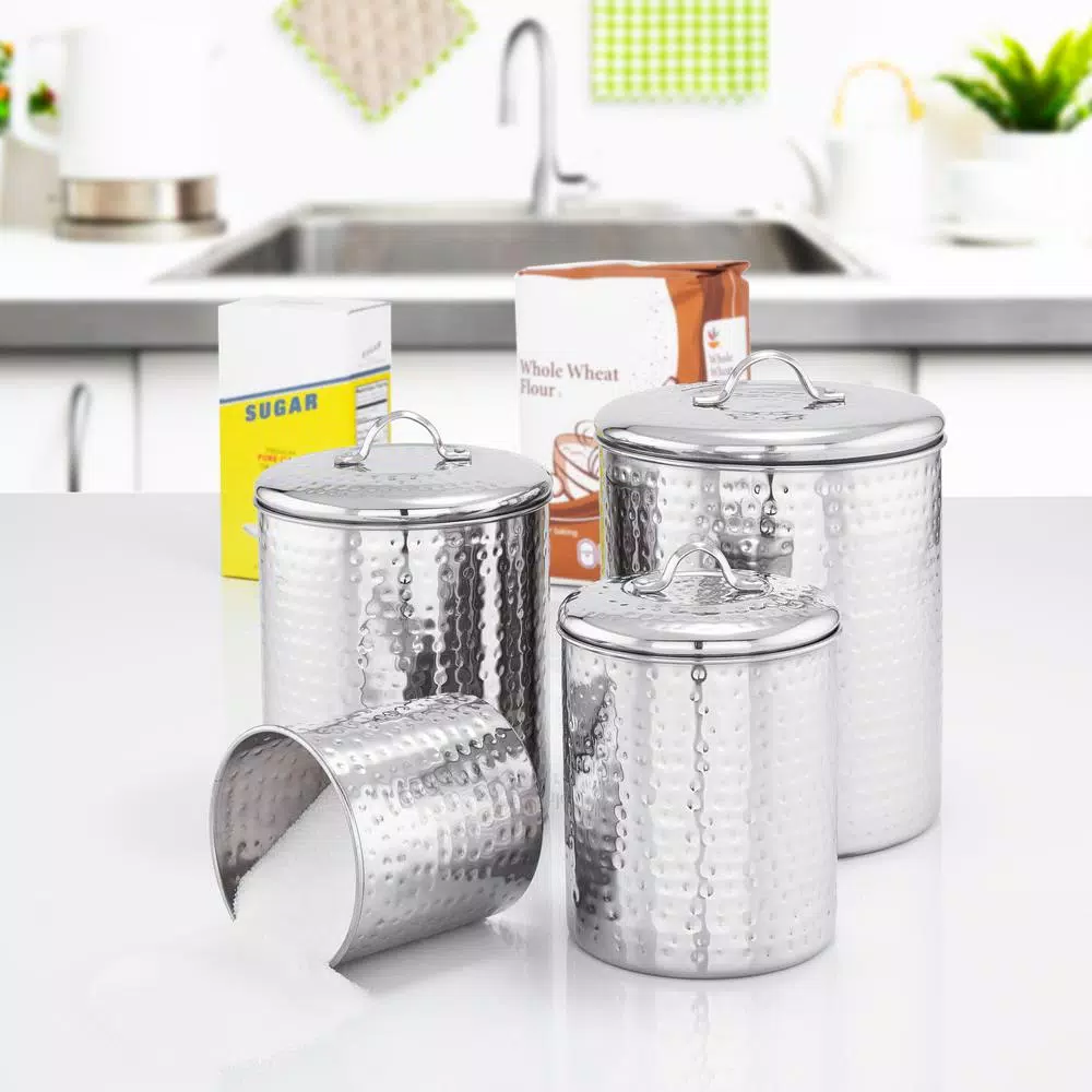 Old Dutch 4-Piece Stainless Steel Hammered Canister Set with Fresh Seal Covers