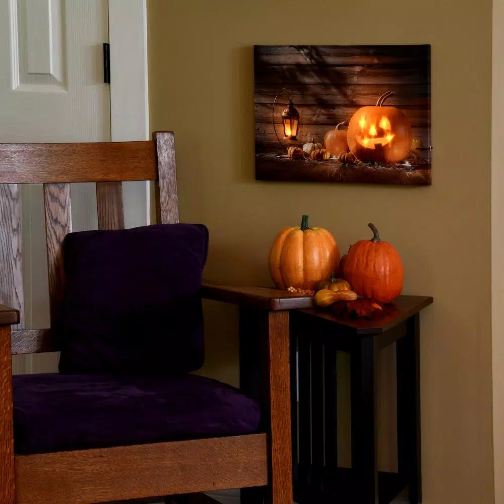 LUMABASE Jack O' Lantern Lighted Canvas Wall Art - Twinkling LED Halloween Hanging Decor