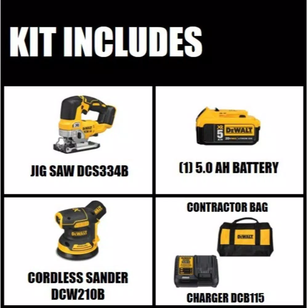 DEWALT 20V MAX XR Brushless Jigsaw & Random Orbital Sander Combo Kit with 5.0Ah Battery and Charger