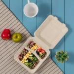 Unbranded 8 in. Natural Sugarcane 3-Compartment Sectional Clamshell Containers, 300 Pack thumbnail 4