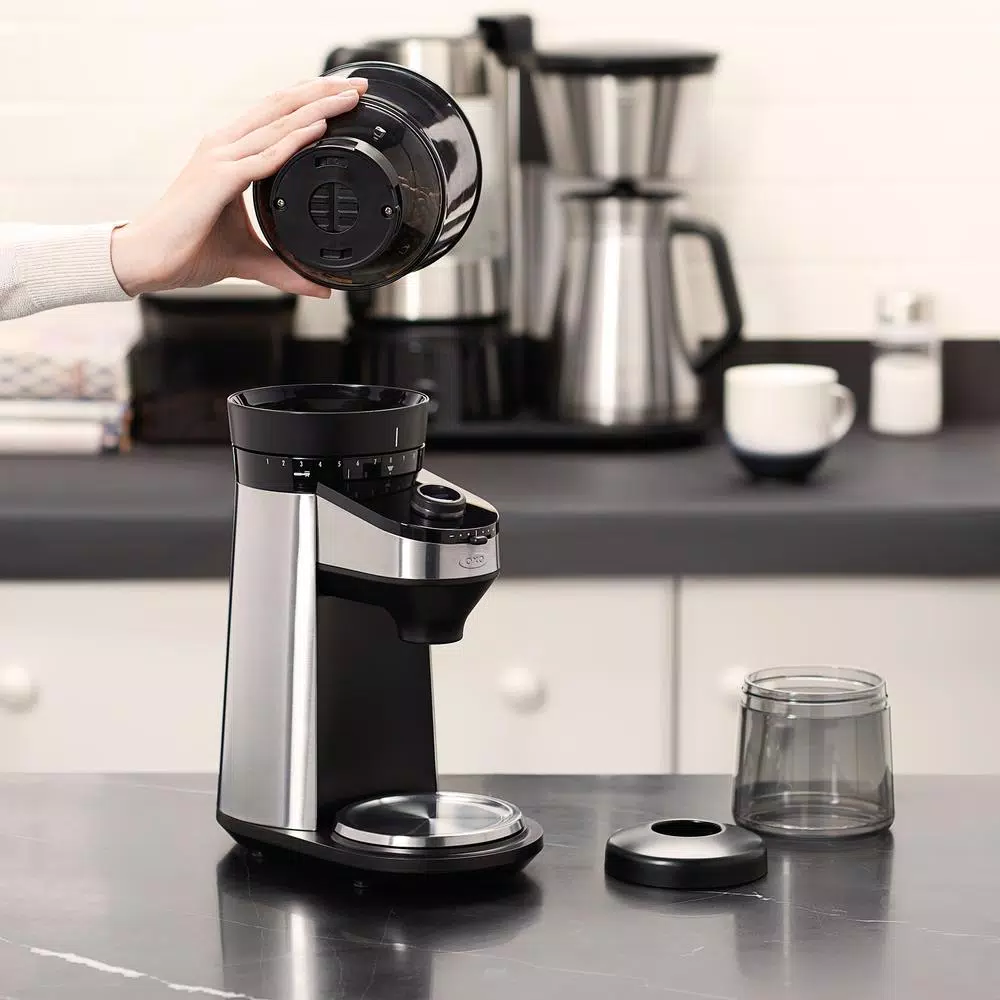 OXO Black Stainless Steel Burr Coffee Grinder with Integrated Scale, 12 oz. Capacity