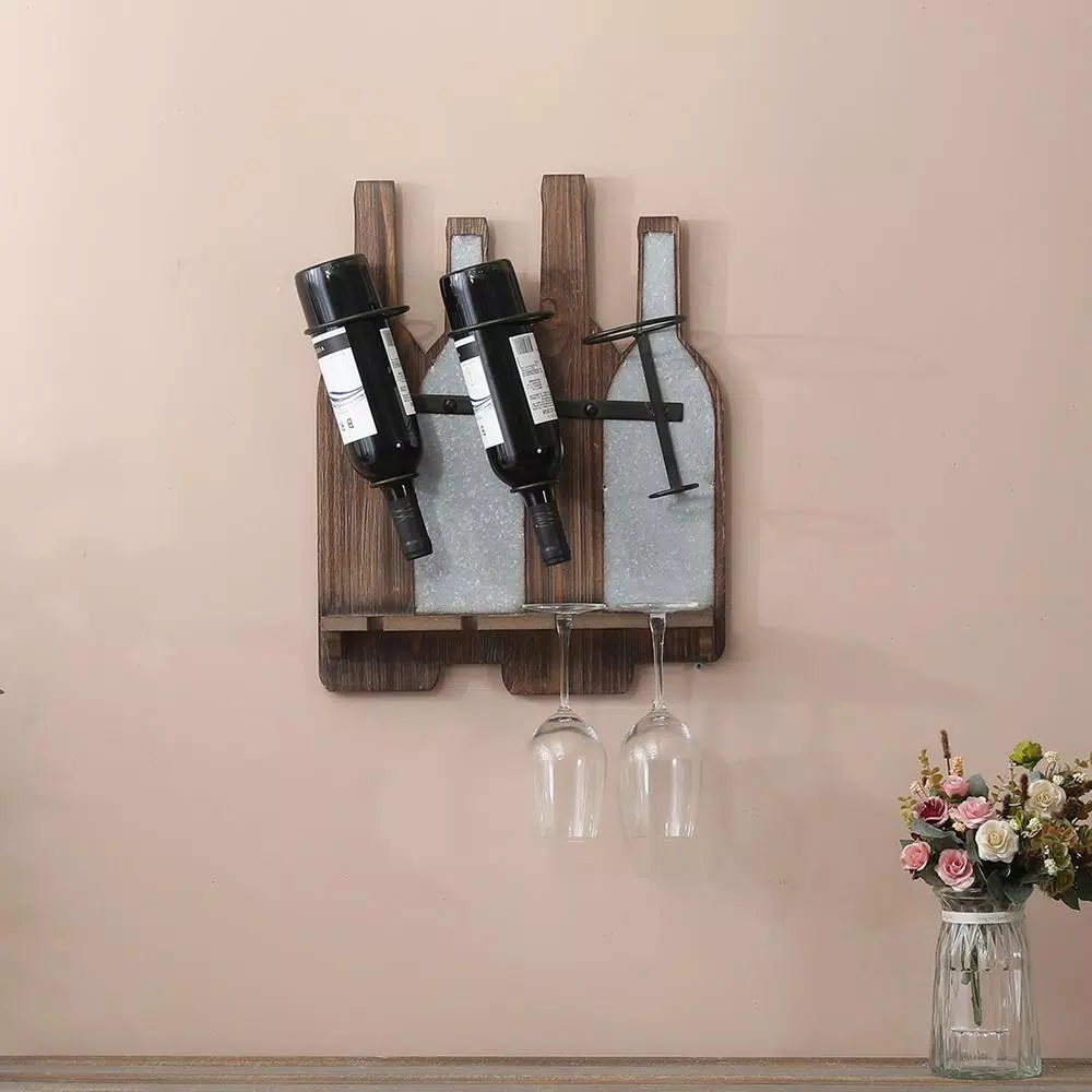 Luxen Home Rustic Wood & Metal Wall Mounted Wine Rack - Holds 3 Bottles & 4 Glasses