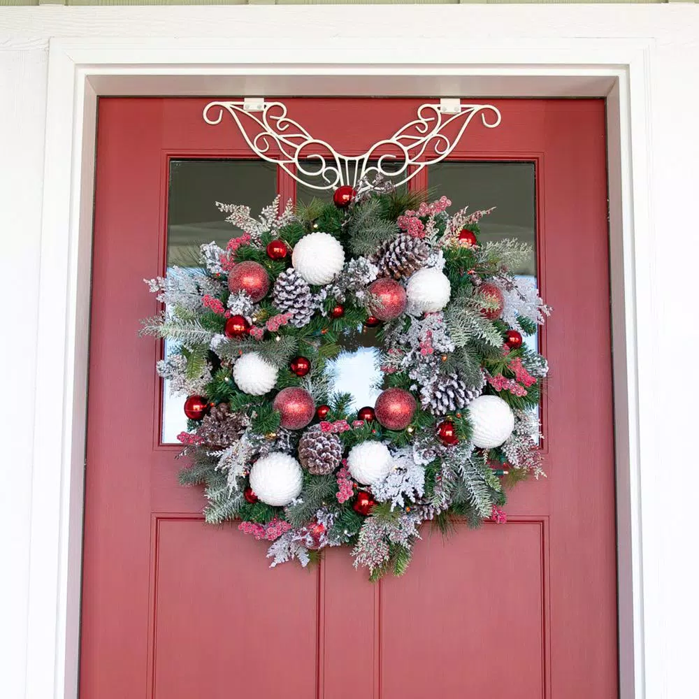 Village Lighting Company 30 in. Frosted Wonderland Pre-Lit LED Christmas Wreath - Red and White Candycane Design