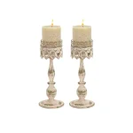 LITTON LANE 14 in. Distressed Ivory Iron Pillar Candle Holders with Filigree Design (Set of 2) thumbnail 3