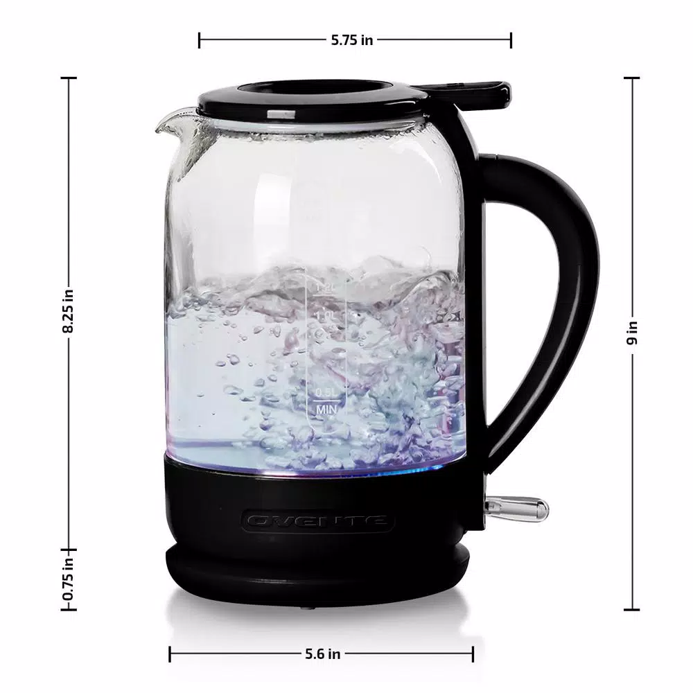 Ovente 1.5L Glass Electric Kettle with ProntoFill Technology, 1500W, Black