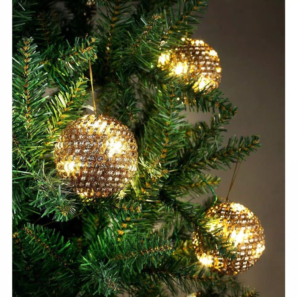 Unbranded Starlite Creations 4-Piece Gold Tinsel LED Christmas Ornament Set, 36 Lights, 4 in.