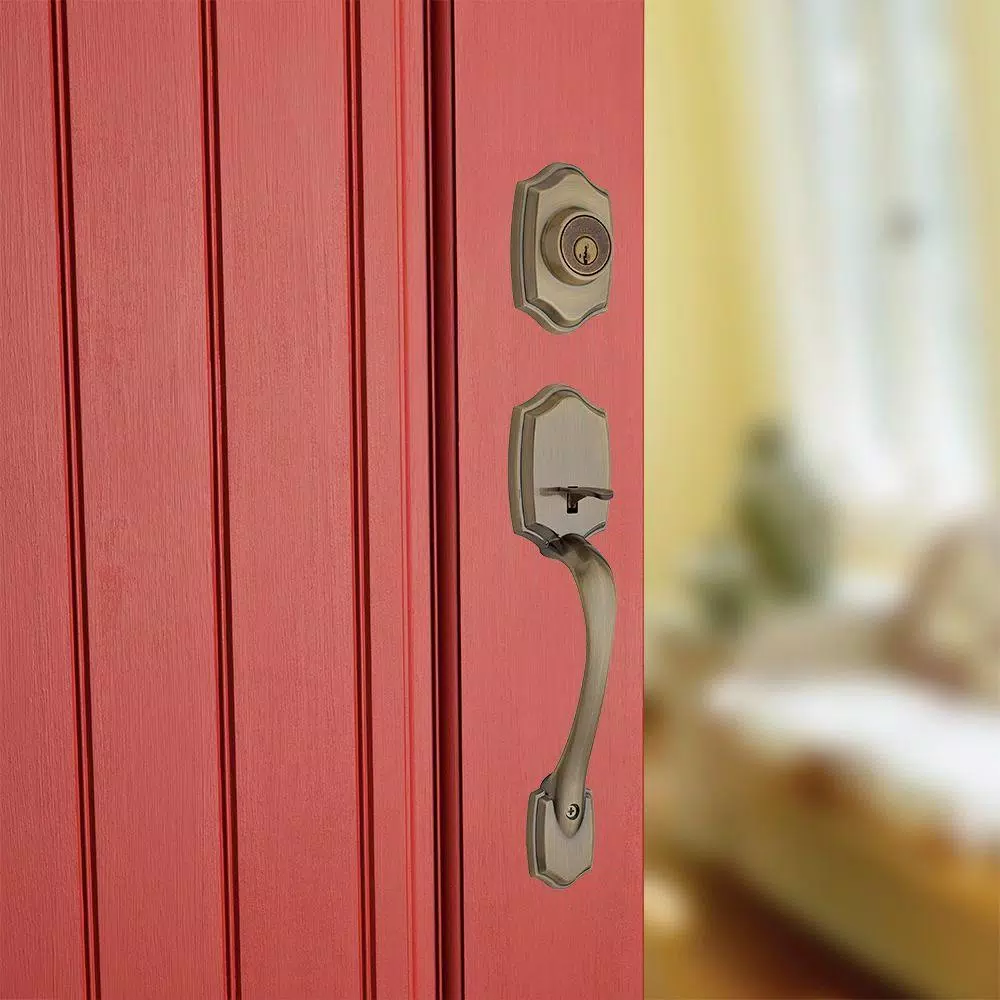 Kwikset Belleview Antique Brass Single Cylinder Handleset with Tylo Knob and SmartKey Security