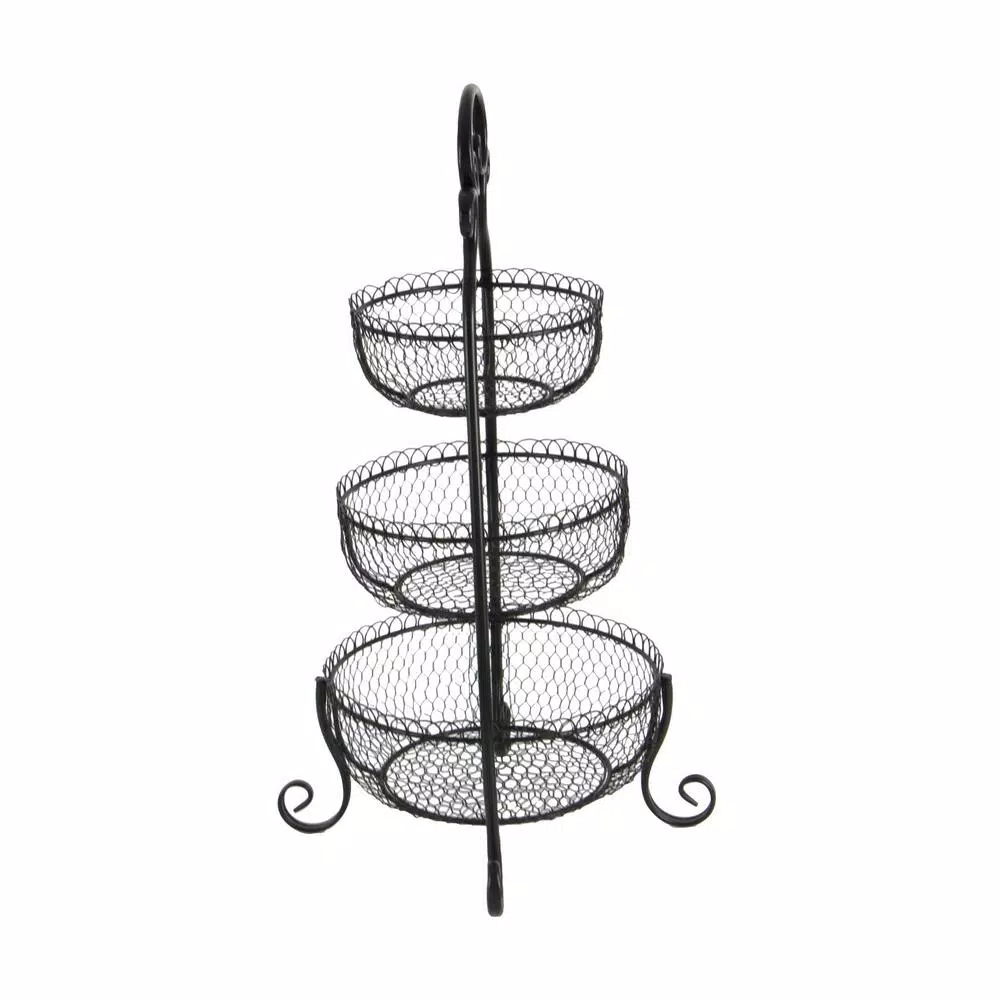 LITTON LANE New Traditional 3-Tier Black Wrought Iron Decorative Basket Tray Stand