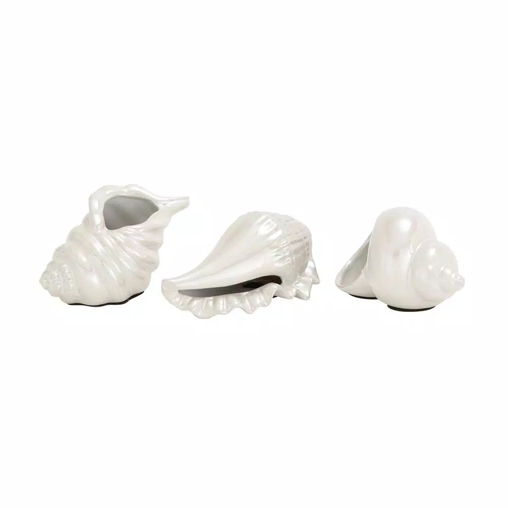 LITTON LANE Coastal Living White Ceramic Seashell Decor Set of 3 - Pearlescent Porcelain Sculptures