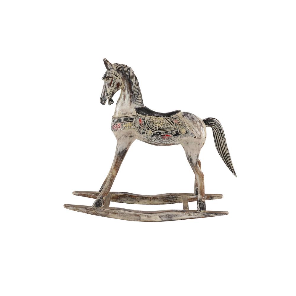 LITTON LANE Handmade Vintage Wooden Rocking Horse - Hand-Carved Albizia Wood with Ornamental Saddle