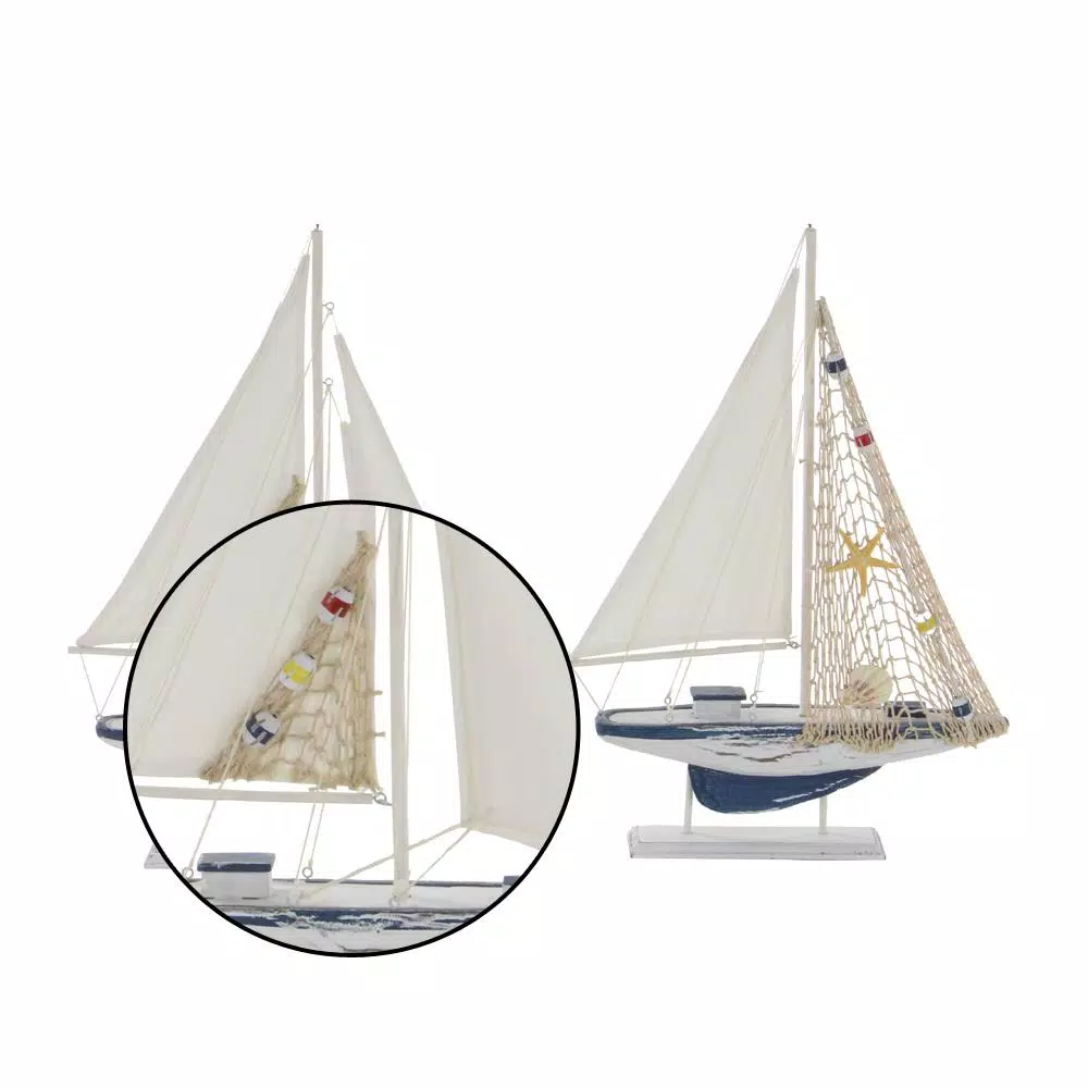 LITTON LANE Coastal Nautical Wooden Sailboat Sculptures, Set of 2, 20-Inch Distressed Blue and White Pine