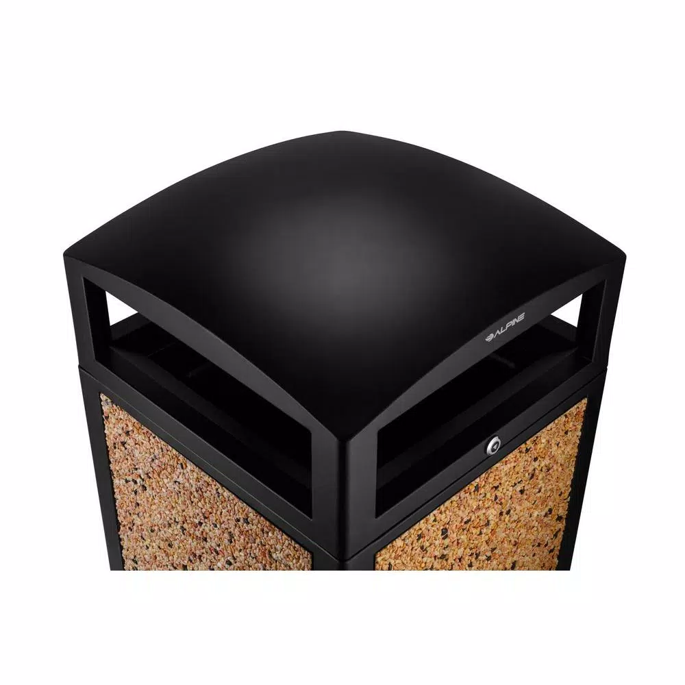 Alpine Industries 40 Gal. Steel Stone Panel Outdoor Commercial Trash Can with Lockable Lid
