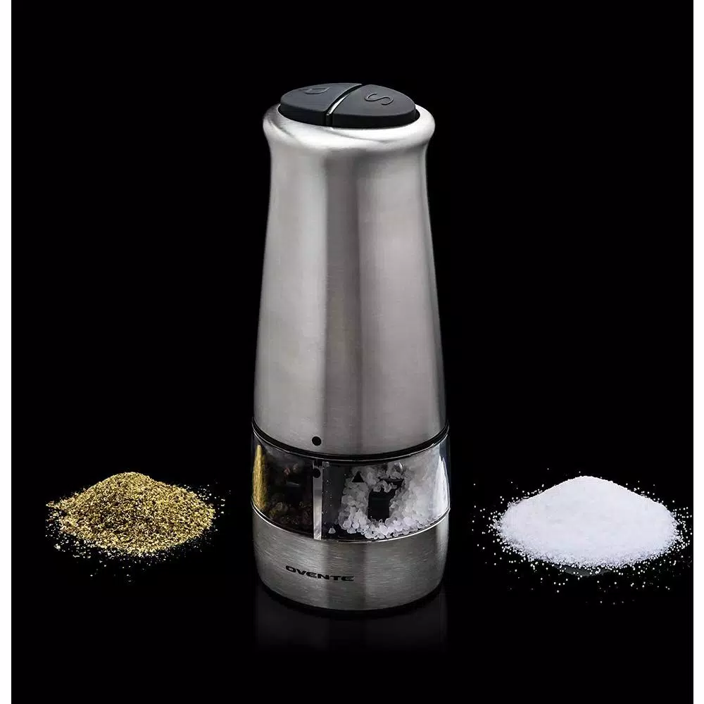 Ovente 2-in-1 Electric Salt and Pepper Grinder, Stainless Steel Silver, Battery Operated