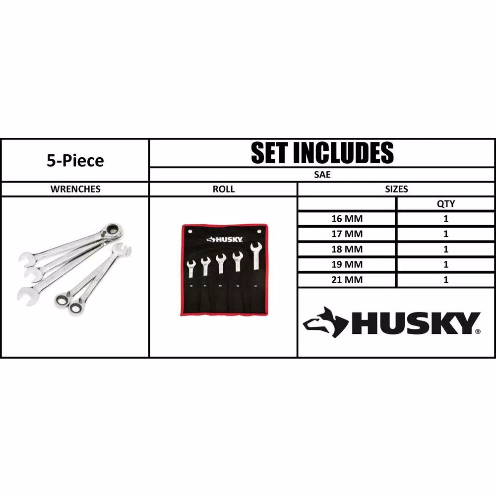 Husky 5-Piece Metric Reversible Ratcheting Wrench Set, Large Sizes