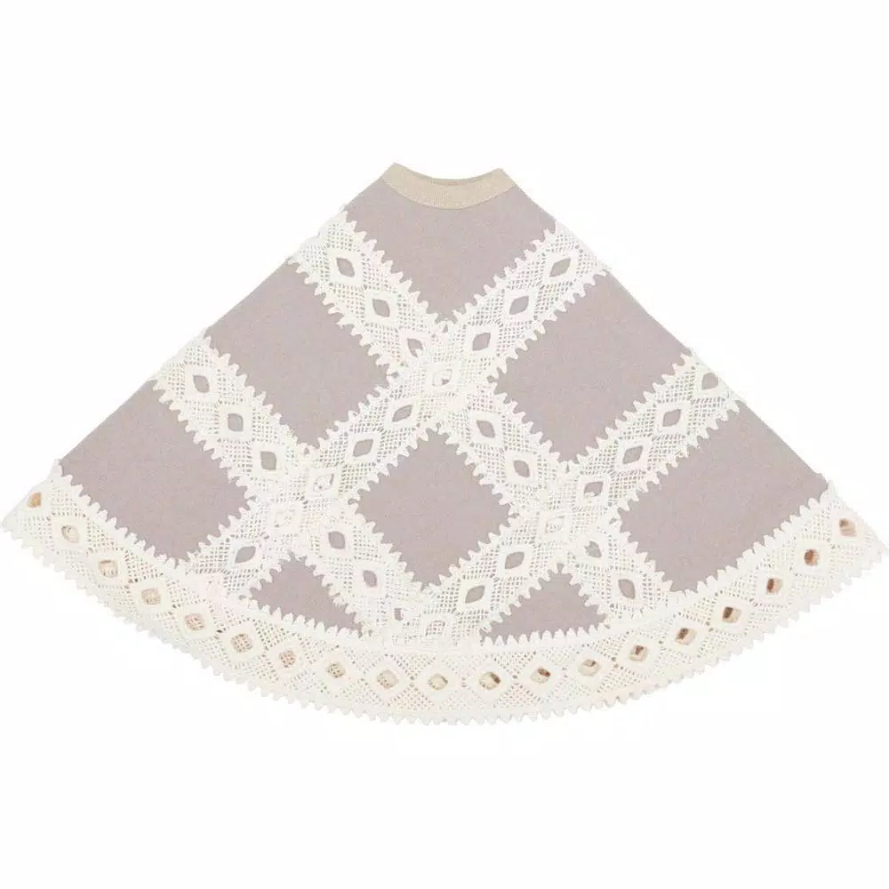 VHC Brands 21 in. Grey Margot Farmhouse Christmas Tree Skirt with Diamond Cut Lace