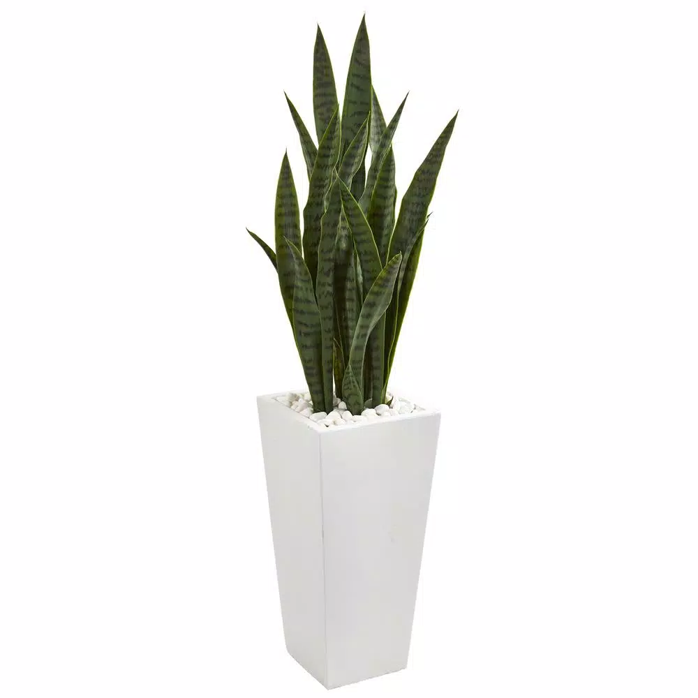 Nearly Natural 4 ft. Artificial Sansevieria Snake Plant in White Tower Planter