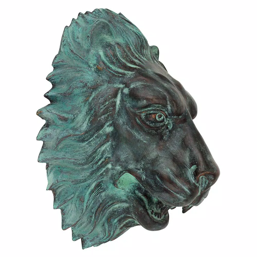 Design Toscano 13 in. Florentine Lion Head Bronze Wall Fountain with Verdigris Patina