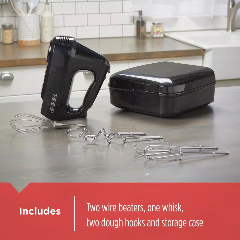 BLACK+DECKER 6-Speed Black Handheld Mixer with 250W Motor, 5 Attachments and Storage Case
